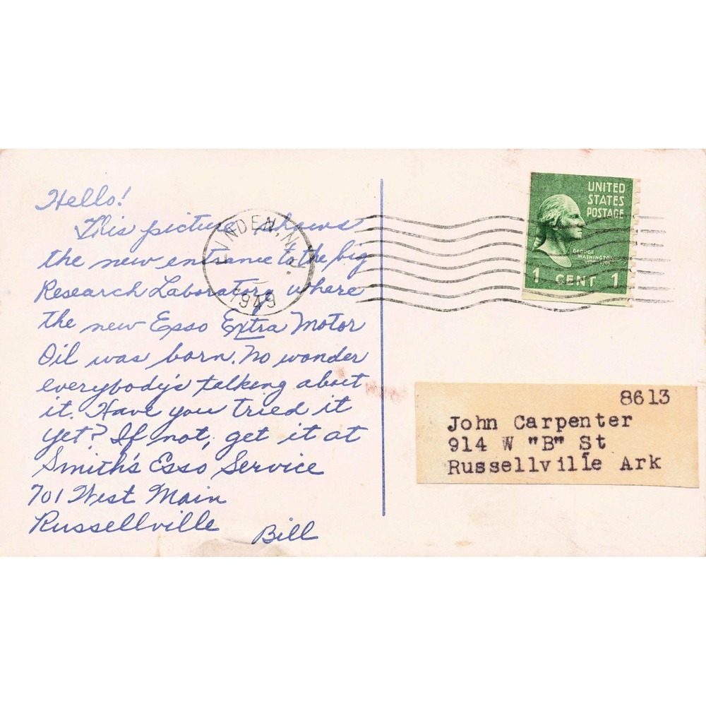Esso Research Center Linden NJ 1949 Postcard Oil Lab Scientist 1¢ Stamp Used - Picture 2 of 2